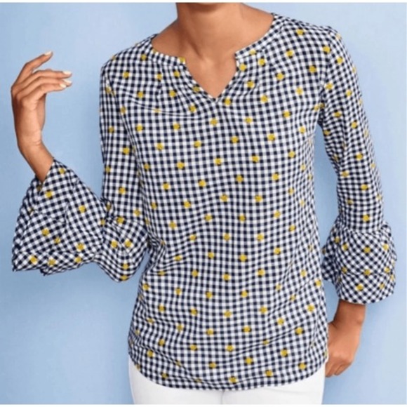 Talbots Gingham Blouse Yellow‎ Floral Bell Sleeve Top Small - Picture 1 of 8